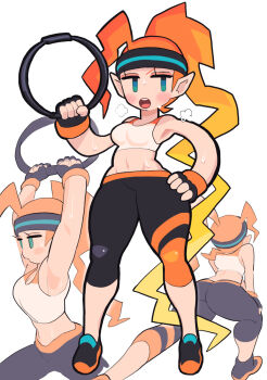 1girl armpits arms_up ass blush breasts commentary crop_top exercising fingerless_gloves from_behind full_body gashi-gashi gloves hand_on_own_hip highres long_hair medium_breasts midriff multiple_views no_nose open_mouth orange_hair pants pointy_ears ring-con ring_fit_adventure ring_fit_trainee ring_fit_trainee_(female) simple_background sports_bra standing sweat sweatband symbol-only_commentary thick_thighs thighs very_long_hair white_background white_sports_bra yoga_pants