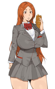 1girl bleach bread breasts brown_eyes dr_octojuice female_focus food highres inoue_orihime karakura_high_school_uniform large_breasts long_hair orange_hair simple_background thighs white_background