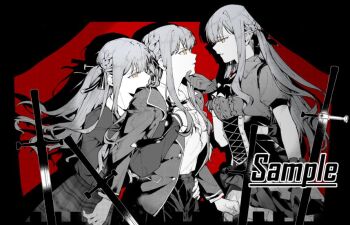 3girls bang_dream! bang_dream!_it&#039;s_mygo!!!!! chinese_commentary commentary_request corset dress_shirt greyscale_with_colored_background hair_ribbon haneoka_school_uniform haoxiangkan_nutong hug hug_from_behind jacket long_hair multiple_girls multiple_persona oblivionis_(bang_dream!) open_clothes open_jacket plaid_clothes plaid_skirt puffy_short_sleeves puffy_sleeves ribbon school_uniform selfcest shirt short_sleeves sidelocks skirt spot_color togawa_sakiko yuri