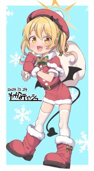 Rule 34 | 1girl, :d, adversarial noise, ankle boots, artist name, asymmetrical hair, belt, beret, black belt, black horns, black tail, black wings, blonde hair, blue archive, blue background, blush, boots, border, bow, capelet, dated, demon girl, demon horns, demon tail, demon wings, dress, fang, full body, fur-trimmed boots, fur-trimmed capelet, fur-trimmed dress, fur-trimmed gloves, fur-trimmed sleeves, fur trim, gloves, hair ribbon, hands up, hat, hat bow, highres, holding, horns, ibuki (blue archive), kanabun, long hair, looking at viewer, low wings, mini wings, minidress, one side up, open mouth, pom pom hat ornament, red boots, red capelet, red dress, red gloves, red hat, ribbon, short dress, short sleeves, smile, snowflake background, solo, standing, tail, thighhighs, white border, white thighhighs, wings, yellow background, yellow eyes