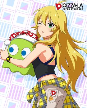 1girl ahoge blonde_hair card_(medium) clothes_around_waist clyde_(pac-man) english_text ghost green_eyes hat holding hoshii_miki idolmaster idolmaster_million_live! idolmaster_million_live!_theater_days official_art one_eye_closed open_mouth pac-man_(game) sweater sweater_around_waist