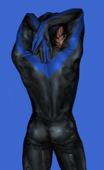 1boy absurdres arms_behind_head ass back bara batman_(series) black_bodysuit black_hair blue_background blue_bodysuit bodysuit dc_comics dick_grayson highres male_focus moonfox multicolored_bodysuit muscular muscular_male nightwing short_hair simple_background solo two-tone_bodysuit