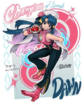 Rule 34 | 1girl, aged up, artist name, bare shoulders, bell-bottoms, beret, black pants, blue gemstone, blue hair, borrowed design, character name, colored inner hair, constarlations, crescent, crescent earrings, dawn (pokemon), earrings, fingernails, full body, gem, glint, grin, hair ornament, hand on own hip, hand up, hat, high-waist pants, high heels, highres, holding, holding poke ball, jewelry, kornart, long hair, looking at viewer, multicolored hair, nail polish, necklace, nintendo, pants, pearl necklace, pink hair, pink nails, pink shoes, pink sweater, poke ball, poke ball (basic), pokemon, pokemon dppt, ribbed sweater, shawl, shoes, sleeveless, sleeveless sweater, sleeveless turtleneck, smile, solo, star (symbol), star hair ornament, sweater, turtleneck, turtleneck sweater, twitter username, two-tone hair, white hat, white shawl