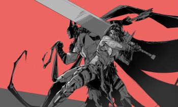 1boy 1girl absolute_batman absolute_dc absolute_wonder_woman back_spikes bat_mask batman batman_symbol belt commentary cowl dc_comics english_commentary goddamnmushroom highres holding holding_sword holding_weapon huge_weapon muscular muscular_female muscular_male superhero_costume sword tattoo tattoo_sleeve utility_belt weapon wonder_woman