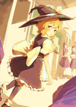 Rule 34 | 3girls, apron, back bow, black hat, black skirt, black socks, black vest, blonde hair, bow, braid, commentary request, frilled skirt, frills, hair bow, hat, hat bow, highres, kirisame marisa, kneehighs, looking at viewer, looking back, multiple girls, open mouth, plaid clothes, plaid skirt, plaid vest, purple skirt, purple vest, school, school uniform, seele (chanseele0128), side braid, single braid, skirt, socks, solo focus, touhou, vest, waist apron, white apron, white bow, witch hat, yellow eyes