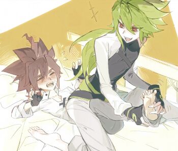 2boys absurdres aged_down anmicius anmicius_(teenage) aotu_world asymmetrical_clothes bandaid bandaid_on_face barefoot belt black_gloves black_shirt blush brown_hair chinese_commentary closed_eyes feet fingerless_gloves gloves green_belt green_hair grey_pants hair_between_eyes highres holding_another's_foot jacket kneeling long_hair low_ponytail lying male_focus multiple_boys official_alternate_costume on_back on_bed open_mouth pants ponytail red_eyes shirt sitting sitting_on_person smile spiked_hair sukebegg teeth tickling white_jacket white_shirt xander_(aotu_world) xander_(teenage)_(aotu_world) yaoi