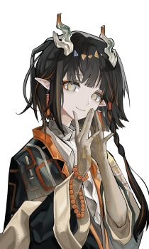 Rule 34 | 1girl, absurdres, arknights, bead bracelet, beads, black hair, bracelet, chinese commentary, closed mouth, colored extremities, commentary request, dragon horns, earrings, gujiulan, hands up, highres, horns, jewelry, jie (arknights), long sleeves, looking at viewer, multicolored hair, pointy ears, shirt, short hair, simple background, smile, solo, tassel, tassel earrings, upper body, white background, yellow pupils