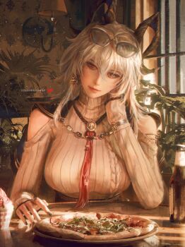 1girl absurdres artist_name black_horns black_nails bottle closed_mouth clothing_cutout commentary curled_horns dress earrings english_commentary eyewear_on_head fingernails food grey_dress hair_between_eyes highres horns jewelry jvn looking_at_viewer mole mole_under_eye nail_polish official_alternate_costume pizza pov_across_table red_eyes shoulder_cutout smile solo sunglasses sweater sweater_dress turtleneck turtleneck_dress wuthering_waves zani_(downtown_repose)_(wuthering_waves) zani_(wuthering_waves)