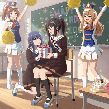 4girls absurdres band_uniform black_hair black_socks blue_hair blue_sailor_collar blush boots box brown_eyes brown_jacket brown_skirt cake chair chalkboard cheerleader classroom commentary_request day food gift gift_box hangaku happy happy_birthday hat hibike!_euphonium highres indoors jacket kasaki_nozomi kenzaki_ririka kitauji_high_school_uniform liz_to_aoi_tori long_hair long_sleeves looking_at_another multiple_girls nakagawa_natsuki open_mouth pom_pom_(cheerleading) sailor_collar school_uniform shako_cap shoes sitting skirt socks table white_boots white_shoes white_skirt window yoroizuka_mizore yoshikawa_yuuko