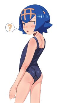 1girl :o ? ass bare_arms bare_shoulders black_one-piece_swimsuit blue_eyes blue_hair blue_one-piece_swimsuit blush blush_stickers bright_pupils cowboy_shot flat_ass flat_chest freckles from_side gold_hairband hairband highres jitome lana_(pokemon) loli looking_at_viewer looking_back looking_to_the_side nintendo no_pupils no_sclera one-piece_swimsuit open_mouth pokemon pokemon_sun_and_moon school_swimsuit short_hair shoulder_blades sideways_glance simple_background solo sorian66 speech_bubble spoken_question_mark standing swimsuit teeth upper_teeth_only white_background yellow_hairband