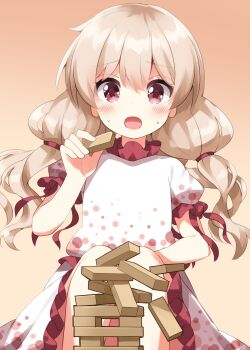 1girl :o blonde_hair blush commentary_request ebisu_eika failure foot_out_of_frame gradient_background highres jenga knees_up long_hair low_twintails open_mouth orange_background playing_games red_eyes ruu_(tksymkw) shirt short_sleeves sitting skirt skirt_set solo sweat touhou twintails white_shirt white_skirt