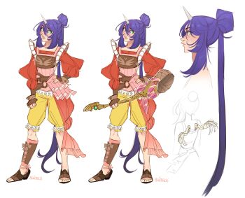 1girl absurdres aged_up alternate_costume armor asymmetrical_legwear blue_hair breasts brown_gloves brown_shoes eiko_carol final_fantasy final_fantasy_ix fingerless_gloves full_body gloves green_eyes hair_between_eyes hair_bun half_updo hand_on_own_hip highres holding holding_weapon horns leather_armor long_hair medium_breasts mini_wings multiple_views open-toe_shoes pants parted_lips pink_shirt profile red_shirt shirt shirt_under_shirt shoes sidelocks single_horn skirtzzz solo standing weapon white_background wings yellow_pants