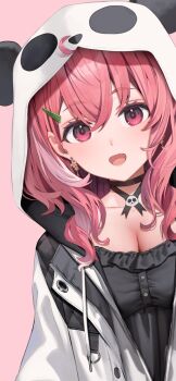 1girl :d absurdres ahoge alternate_breast_size animal_hood black_choker black_shirt breasts buttons choker cleavage collarbone commentary_request drawstring earrings empire_waist fang flower_earrings frilled_shirt frills hair_between_eyes hair_ornament hairclip head_tilt highres hood hood_up hooded_jacket jacket jewelry large_breasts long_hair long_sleeves looking_at_viewer mole mole_under_eye multicolored_hair nijisanji official_art open_clothes open_jacket open_mouth panda_hood parsley-f partially_unzipped pink_background pink_eyes pink_hair sasaki_saku sasaki_saku_(11th_costume) second-party_source shirt simple_background smile solo straight-on streaked_hair two-tone_hair upper_body virtual_youtuber white_jacket zipper