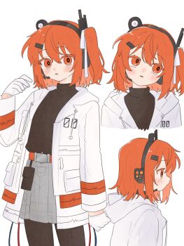 Rule 34 | a.i. voice, adachi rei, belt pouch, black shirt, commentary, gloves, grey skirt, hair ribbon, headset, highres, jacket, komori kamome, long sleeves, looking at viewer, medium hair, multiple views, one side up, open clothes, open jacket, orange eyes, orange hair, pouch, ribbon, shirt, skirt, utau, white gloves, white jacket