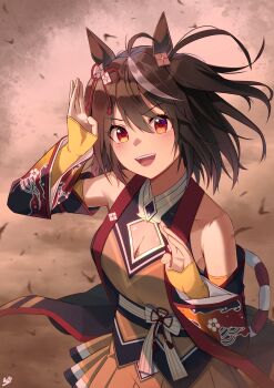 1girl absurdres animal_ears bare_shoulders black_gem black_hair black_sash black_sleeves breasts chanchanko_(clothes) cleavage cleavage_cutout clothing_cutout commentary_request detached_sleeves gem hands_up highres horse_ears horse_girl kitasan_black_(gilded_shrine_to_glory)_(umamusume) kitasan_black_(umamusume) kouhaku_nawa looking_at_viewer medium_breasts multicolored_hair obi open_mouth orange_shirt orange_skirt red_eyes rope sash shimenawa shirt short_hair skirt smile solo streaked_hair teeth two_side_up umamusume upper_teeth_only v-shaped_eyebrows white_streaks woongbi yellow_sleeves