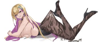 1girl anchor_choker black_choker black_dress black_pantyhose black_shoes blonde_hair boryeon_(last_origin) breasts choker colored_inner_hair covering_breasts covering_privates dress earrings floral_print from_side hair_ornament hairclip high_heels hyunilkim jewelry lace lace_pantyhose lace_pantyhose_hooked_on_heel_(meme) large_breasts last_origin legs_up lips long_hair lying multicolored_hair on_stomach pantyhose purple_eyes purple_hair shoes sideless_dress smile solo white_background