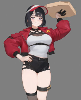 1girl :3 arm_up belt belt_collar black_hair black_shorts black_thighhighs breasts cleavage_cutout clothing_cutout collar commentary cropped_jacket delivery gloves grey_background hand_on_own_hip highres hip_vent jacket jaejae looking_at_viewer open_clothes open_jacket original pizza_box pizza_delivery red_jacket shirt short_hair shorts simple_background single_glove single_thighhigh solo thigh_belt thigh_strap thighhighs unfinished visor_cap white_shirt