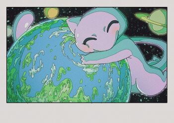 blush closed_eyes earth_(planet) gen_1_pokemon highres hug legendary_pokemon mewtwo nintendo onamuzi_illust pink_fur planet pokemon pokemon_(creature) saturn_(planet) solo space tail