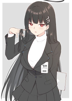 1girl :o absurdres akane_souichi arm_behind_back black_hair black_halo black_jacket black_skirt blue_archive border breasts bright_pupils commentary_request cowboy_shot from_above gradient_background grey_background hair_lift hair_ornament hairclip halo hand_in_own_hair hand_up highres holding holding_tablet_pc id_card jacket large_breasts light_blush long_hair long_sidelocks long_sleeves looking_at_viewer miniskirt outside_border parted_lips partial_commentary pleated_skirt red_eyes ringed_eyes rio_(blue_archive) sidelocks simple_background skirt solo standing straight_hair sweater tablet_pc turtleneck turtleneck_sweater very_long_hair white_border white_pupils white_sweater