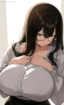 1girl black-framed_eyewear black_hair breasts buttons collarbone commentary_request glasses green_eyes highres large_breasts long_hair long_sleeves looking_at_viewer original solo twitter_username urabanasimati white_hair