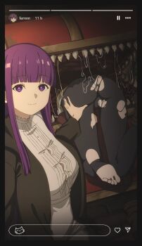 2girls artist_logo ass bent_over black_coat blunt_bangs breasts button_gap coat commentary dress feet fern_(sousou_no_frieren) frieren frieren_stuck_in_a_mimic_(meme) gold_trim grabbing_another's_ass groping highres keihh large_breasts logo long_hair looking_at_viewer meme mimic mimic_chest multiple_girls open_clothes open_coat paid_reward_available panties panties_under_pantyhose pantyhose saliva selfie sharp_teeth skirt smile soles sousou_no_frieren stirrup_legwear struggling stuck symbol-only_commentary taut_clothes teeth toeless_legwear toes torn_clothes torn_pantyhose underwear white_dress white_panties white_skirt