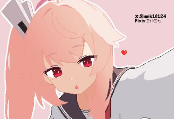 1girl absurdres black_sailor_collar blue_archive hashtag-only_commentary heart highres long_hair looking_at_viewer natsu_(blue_archive) open_mouth pink_background pink_hair pixel_art portrait red_eyes sailor_collar shirt side_ponytail simple_background slmnk10124 solo triangle_mouth white_shirt