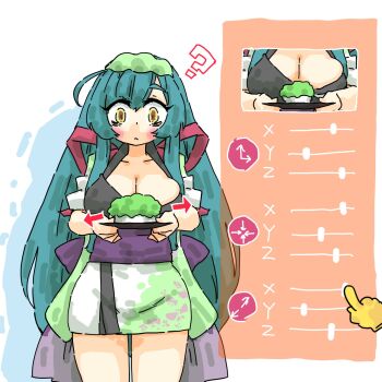 1girl ? attribute_slider blush breasts cleavage closed_mouth frown furisode_sleeves green_hair green_hairband green_kimono hairband hand_cursor highres holding holding_plate japanese_clothes kimono large_breasts long_hair looking_at_viewer muneate obi plate purple_sash sash seki_(red_shine) short_kimono simple_background skindentation solo standing tasuki touhoku_zunko voiceroid white_background yellow_eyes zoom_layer zunda_mochi