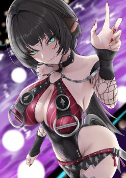 1girl animal_ears black_hair black_one-piece_swimsuit black_sarong breasts commentary_request fishnet_sleeves fishnets green_eyes highres jane_doe_(nocturne_of_light)_(zenless_zone_zero) jane_doe_(zenless_zone_zero) large_breasts long_hair looking_at_viewer mait mouse_ears mouse_girl mouse_tail official_alternate_costume one-piece_swimsuit pool red_nails red_one-piece_swimsuit sarong solo swimsuit tail two-tone_one-piece_swimsuit very_long_hair zenless_zone_zero