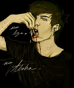 1boy bags_under_eyes black_hair black_shirt blood blood_from_mouth bridge_piercing carpwood cigarette cry_of_fear cursive english_text face_piercing half-closed_eyes hand_up holding holding_cigarette lip_piercing male_focus nosebleed piercing rolling_eyes scar scar_on_arm self-harm shirt short_hair simon_henriksson solo tongue tongue_out upper_body wrist_cutting