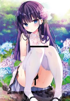 1girl bar_censor bare_shoulders black_shoes blue_eyes blue_flower blue_skirt blush breasts censored closed_mouth collared_shirt commentary_request day dress dress_shirt flower frilled_skirt frills hair_flower hair_ornament highres hydrangea long_hair looking_at_viewer no_bra no_panties original outdoors pink_flower purple_hair see-through_clothes see-through_shirt shirt shiwasu_horio shoes skirt sleeveless sleeveless_shirt solo squatting thighhighs wet wet_clothes wet_shirt white_thighhighs