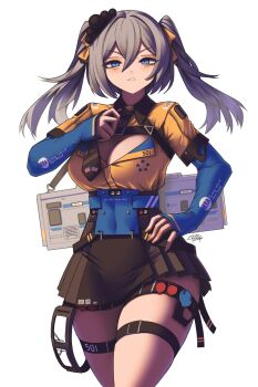 1girl absurdres adjusting_clothes adjusting_necktie american_flag artist_name bags_under_eyes belt_buckle black_skirt blue_eyes blue_sleeves breasts buckle carrying_over_shoulder chest_harness cleavage clenched_teeth collar collared_shirt commentary commission cowboy_shot dated diesel_locomotive electric_locomotive emd_dm30ac english_commentary english_text glaring goggles grey_hair hair_between_eyes hair_ribbon harness highres large_breasts light_blush locomotive logo long_island_rail_road long_sleeves looking_at_viewer medium_hair miniskirt necktie open_mouth original personification pleated_skirt ribbon shirt shoulder_strap signature simple_background skirt solo standing star_(symbol) teeth thigh_strap thighs train twintails unworn_goggles watermark white_background yellow_ribbon yellow_shirt zhvo