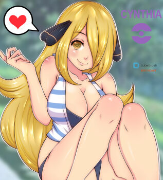 Rule 34 | 1girl, bikini, black bikini, blonde hair, blush, breasts, brown eyes, cleavage, collarbone, cynthia (pokemon), hair ornament, hair over one eye, heart, large breasts, long hair, looking at viewer, misune art, nintendo, open clothes, open shirt, poke ball symbol, pokemon, pokemon diamond/pearl/platinum, shirt, sitting, sleeveless, sleeveless shirt, smile, speech bubble, spoken heart, striped clothes, striped shirt, swimsuit, white shirt