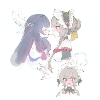 2girls @_@ bare_shoulders black_collar black_hair blue_eyes blush braid brown_hair bun_with_braided_base closed_eyes collar columbina_(genshin_impact) commentary_request detached_collar detached_sleeves eye_mask facing_another food food_in_mouth frilled_sleeves frills genshin_impact hair_intakes hair_ornament headdress highres long_hair looking_at_another mask multicolored_hair multiple_girls multiple_views pink_hair pocky pocky_in_mouth pocky_kiss sandrone_(genshin_impact) shared_food simple_background sketch tansanlemon100 two-tone_hair white_background wing_hair_ornament yuri