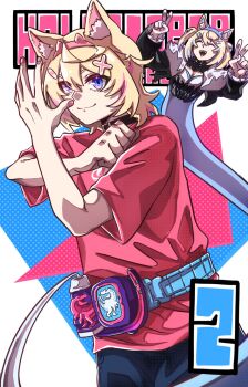 2girls animal_ear_fluff animal_ears bandaid bandaid_hair_ornament black_collar black_jacket blonde_hair blue_eyes blue_hair blue_hairband collar commentary cosplay dog_ears dog_girl dork_ill double_v rider_belt english_commentary english_text fur_collar fuwawa_abyssgard hair_ornament hairband henshin_pose highres hololive hololive_english igarashi_ikki igarashi_ikki_(cosplay) jacket kamen_rider kamen_rider_revice mococo_abyssgard multicolored_hair multiple_girls pink_hair pink_hairband pink_shirt revice_driver rider_belt shirt siblings sisters streaked_hair twins v vice_(kamen_rider_revice) virtual_youtuber vistamp white_background