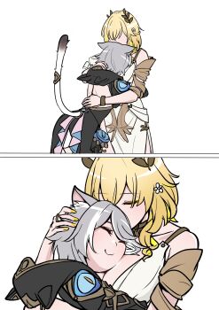 2girls absurdres aglaea_(honkai:_star_rail) animal_ear_fluff animal_ears back_cutout bare_back bare_shoulders black_bodysuit blonde_hair blush bodysuit border breasts cat_ears cat_girl cat_tail cipher_(honkai:_star_rail) cleavage closed_eyes closed_mouth clothing_cutout collarbone covered_mouth cowboy_shot dress drill_hair drill_sidelocks faceless faceless_female fingernails flower from_behind gold_ring greco-roman_clothes grey_hair hair_between_eyes hair_flower hair_ornament hand_on_another's_head hand_up hashtag-only_commentary highres honkai:_star_rail honkai_(series) hood hooded_bodysuit hug large_breasts laurel_crown long_sleeves multicolored_hair multiple_girls multiple_views nail_polish short_hair short_sleeves shoulder_cutout sidelocks simple_background smile standing streaked_hair tail trap_(trap_2023) upper_body white_background white_border white_dress white_flower white_hair yellow_nails yuri