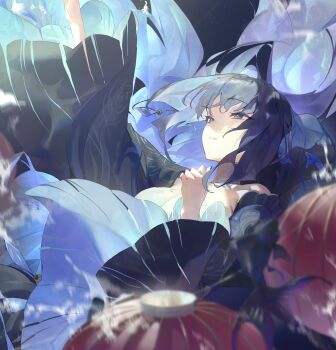 1girl arm_up blue_background blue_eyes blue_hair blue_kimono breasts character_request commentary_request commission copyright_request highres japanese_clothes kimono large_breasts long_hair long_sleeves looking_up parted_lips skeb_commission solo upper_body wide_sleeves yu_(ba9ama)