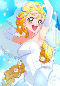 Rule 34 | 1girl, alternate costume, alternate hairstyle, arm up, armpits, bare shoulders, blue hair, blue sky, blush, braid, breasts, bridal veil, commentary request, cure summer, dress, elbow gloves, gloves, green eyes, hair ornament, heart, heart in eye, highres, jewelry, long hair, looking at viewer, medium breasts, momotarouooi, natsuumi manatsu, necklace, open mouth, outdoors, pink hair, precure, sky, smile, solo, symbol in eye, tropical-rouge! precure, veil, very long hair, watermark, wedding dress, white dress, white tiara