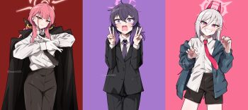 3girls :o absurdres ahoge aru_(blue_archive) black_coat black_necktie black_pants black_shorts black_suit blue_archive blue_jacket blunt_bangs chainsaw_man coat collared_shirt commentary cosplay demon_horns double_v dress_shirt formal_clothes gloves hair_between_eyes halo haruka_(blue_archive) higashiyama_kobeni higashiyama_kobeni_(cosplay) highres horns jacket light_smile long_sleeves looking_at_viewer makima_(chainsaw_man) makima_(chainsaw_man)_(cosplay) manli multiple_girls mutsuki_(blue_archive) necktie pants pink_background pink_hair pink_necktie pointy_ears power_(chainsaw_man) power_(chainsaw_man)_(cosplay) purple_background purple_eyes purple_hair purple_necktie red_background shirt shirt_tucked_in shorts simple_background slit_pupils smile suit twitter_username v v-shaped_eyebrows white_gloves white_shirt wide-eyed