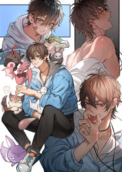 1boy aged_down animal animal_on_hand animal_on_shoulder animalization antenna_hair aster_(bat)_(nu_carnival) aster_(nu_carnival) bandaid bandaid_on_cheek bandaid_on_face bare_shoulders bat_(animal) bird black_pants blue_jacket blush brown_eyes brown_hair burger closed_mouth collage collarbone collared_shirt creature dante_(nu_carnival) eating eiden_(nu_carnival) eiden_(young)_(nu_carnival) fangs father_(nu_carnival) fellatio_gesture food food_on_face fox full_body hair_between_eyes hand_up highres holding holding_animal holding_food hood hood_down hoodie implied_sex implied_yaoi invisible_chair jacket jewelry kuya_(nu_carnival) leopard long_sleeves looking_at_viewer male_focus miyamoyan morvay_(bat)_(nu_carnival) morvay_(nu_carnival) multiple_views necklace nipples nu_carnival off_shoulder open_clothes open_collar open_mouth open_shirt owl pants saliva sexually_suggestive shirt shoes short_hair simple_background single_bare_shoulder sitting smile sneakers solo sweat teeth tongue tongue_out topper_(nu_carnival) wet white_background white_hoodie white_shirt white_shoes
