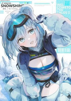 1girl :d animal_ears arknights arknights:_endfield aurora_(arknights) bandeau barcode bear_ears bear_girl black_gloves black_jacket blue_bandeau blue_eyes breasts character_name cleavage copyright_name english_text gloves goggles goggles_on_head hand_up highres jacket medium_breasts multicolored_jacket nakashima_(pluscolor) open_clothes open_jacket open_mouth rabbit short_hair sitting smile snow snowshine_(arknights) solo two-tone_jacket wariza white_background white_hair