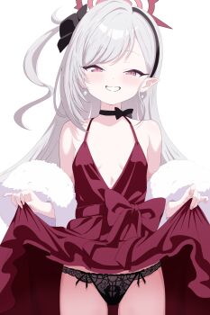 1gen_sinkun 1girl bare_shoulders black_choker black_panties black_scrunchie blue_archive blush breasts choker clothes_lift commentary_request dress earrings fur_shawl grey_hair grin hair_ornament hair_scrunchie halo highres jewelry lace lace-trimmed_panties lace_trim long_hair looking_at_viewer mutsuki_(blue_archive) mutsuki_(dress)_(blue_archive) official_alternate_costume official_alternate_hairstyle one_side_up panties purple_eyes red_dress red_halo scrunchie shawl skirt skirt_lift sleeveless sleeveless_dress small_breasts smile solo underwear very_long_hair