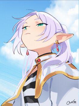 1girl blue_sky capelet closed_mouth commentary day duc_94 earrings elf english_commentary forehead frieren green_eyes highres jewelry long_sleeves meme outdoors pointy_ears robe sky solo sousou_no_frieren thick_eyebrows twintails upward_angle_frieren_drawing_(meme) white_capelet white_robe