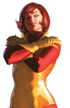 1girl absurdres alex_ross ant-man_(series) avengers_(series) blue_eyes bob_cut bodysuit brown_hair character_request check_character comic_cover cover cover_page crossed_arms gloves highres janet_van_dyne leotard looking_at_viewer looking_down marvel official_art realistic red_bodysuit short_hair solo superhero_costume wasp_(marvel) western_comics_(style) white_background yellow_gloves yellow_leotard