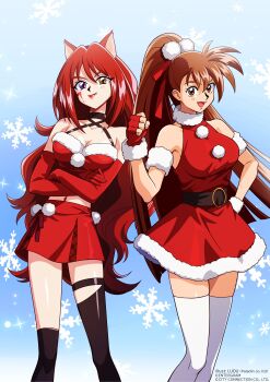 2girls absurdres animal_ears armlet artist_name asymmetrical_legwear black_choker black_sash black_thighhighs breasts brown_eyes brown_hair choker christmas closed_mouth commentary_request company_connection copyright_notice creator_connection criss-cross_halter crossed_arms crossover dress elbow_gloves facial_mark falandia_vality fang feet_out_of_frame fingerless_gloves fur-trimmed_dress fur-trimmed_gloves fur_armlet fur_trim gloves hair_ornament hair_ribbon halter_dress halterneck hand_on_own_hip hand_up high_ponytail highres jewelry kimura_takahiro_(style) lipstick long_hair makeup medium_breasts midriff multiple_girls navel official_art open_mouth pom_pom_(clothes) pom_pom_hair_ornament ponytail purple_eyes red_dress red_gloves red_hair red_lips red_ribbon red_shirt red_skirt ribbon sash second-party_source shirt skirt sleeveless sleeveless_dress smile snowflakes standing steam-heart's takeuchi_yuka thighhighs tight_clothes tight_dress ujou_(paladin) uneven_legwear variable_geo very_long_hair white_thighhighs yellow_eyes zettai_ryouiki