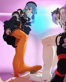 Rule 34 | 1boy, 2girls, blue eyes, blue hair, feet, footjob, from below, green eyes, hair ornament, hairclip, hololive, hoshimachi suisei, loose socks, multiple girls, nail polish, orange nails, orange tights, purple hair, sister shinpu, sock on penis, sockjob, socks, soles, soles of feet in socks, stepped on, tagme, toes, toes visible through clothing, tokoyami towa, virtual youtuber