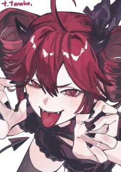 1girl ahoge artist_name black_horns black_nails black_shorts black_thighhighs blush commentary_request demon_girl demon_horns demon_tail drill_hair fangs halloween_costume highres horns kasane_teto looking_at_viewer open_mouth red_eyes red_hair shorts simple_background solo tail thighhighs tongue tongue_out twin_drills utau white_background yakitori_tanaka