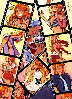 2girls absurdres backpack bag bare_shoulders beads bikini bikini_top_only blue_dress blue_hair blue_shirt blush bracelet braid breasts camera cleavage commentary crop_top dress earrings english_commentary feet_out_of_frame german_clothes glint hair_beads hair_ornament highres holding holding_camera huyandere jewelry long_hair low_twin_braids low_twintails medium_breasts miniskirt multiple_girls multiple_views nami_(one_piece) necktie nefertari_vivi official_alternate_costume one_piece one_piece:_stampede one_piece_film:_gold one_piece_film:_red open_mouth orange_hair overalls pearl_earrings red_skirt shirt short_hair shoulder_tattoo skirt smile sparkle swimsuit tattoo tongue tongue_out twin_braids twintails upper_body wavy_hair white_dress white_shirt yellow_overalls