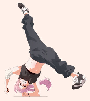 1girl alternate_costume black_shoes black_sports_bra breasts bright_pupils clenched_hands commentary crop_top english_commentary eyelashes full_body grey_pants grey_shirt highres hololive hololive_english long_hair lord_joeboto mori_calliope pants pink_hair ponytail red_eyes shirt shoelaces shoes simple_background solo sports_bra sweatpants teeth virtual_youtuber white_background white_pupils