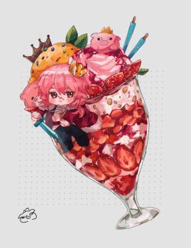 1boy androgynous animal_ears animification black_boots blush boots chibi chibi_only coat crown cup dream_smp food formal_clothes fruit fur-trimmed_coat fur_trim holding holding_sword holding_weapon humanization in_food jitome leaf long_hair long_sleeves looking_at_viewer male_focus minecraft_sword minecraft_youtube mini_person miniboy open_clothes open_coat oversized_food oversized_object pants parfait pig pig_boy pig_ears pink_hair ponytail red_coat red_eyes scar shirt simple_background solo strawberry strawberry_parfait swaglord6942069 sword technoblade weapon white_shirt