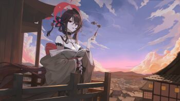 1girl absurdres architecture binoculars black_hair blue_archive breasts building cloud commentary_request east_asian_architecture evening grey_kimono hair_over_one_eye halo highres holding holding_binoculars japanese_clothes kimono kokuriko_(blue_archive) large_breasts lips long_hair long_sleeves looking_at_viewer opera_glasses outdoors parted_lips red_eyes solo spider_web_pattern standing sunj000 very_long_hair wide_sleeves